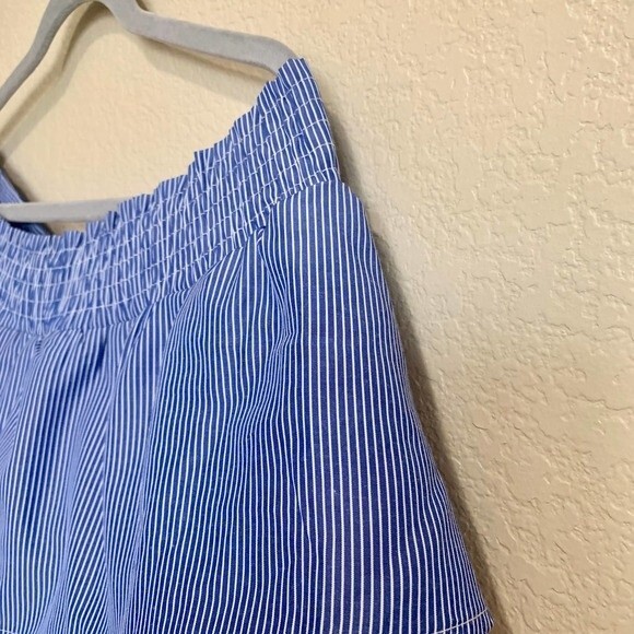Boohoo top Blue striped Bardot crop top cuffed sleeve size 8 - Picture 8 of 11